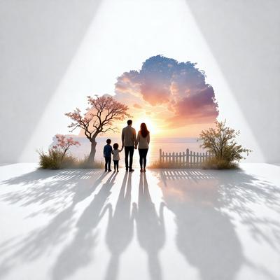 Primary subject: Family
Setting/background: A fence and a tree
Visual style: Digital art
Colors and mood: The scene is set during sunset, creating a warm and serene atmosphere.